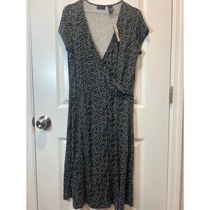 New York & Company Black Geometric Print Sheath Dress V Neck Women L